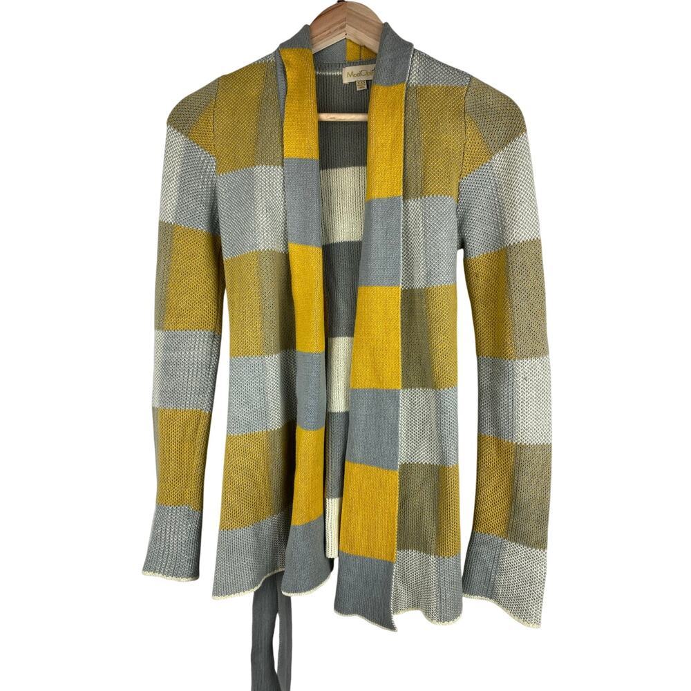 ModCloth Women's XXS Gray Yellow Cream‎ Color Block Belted Cardigan Sweater *